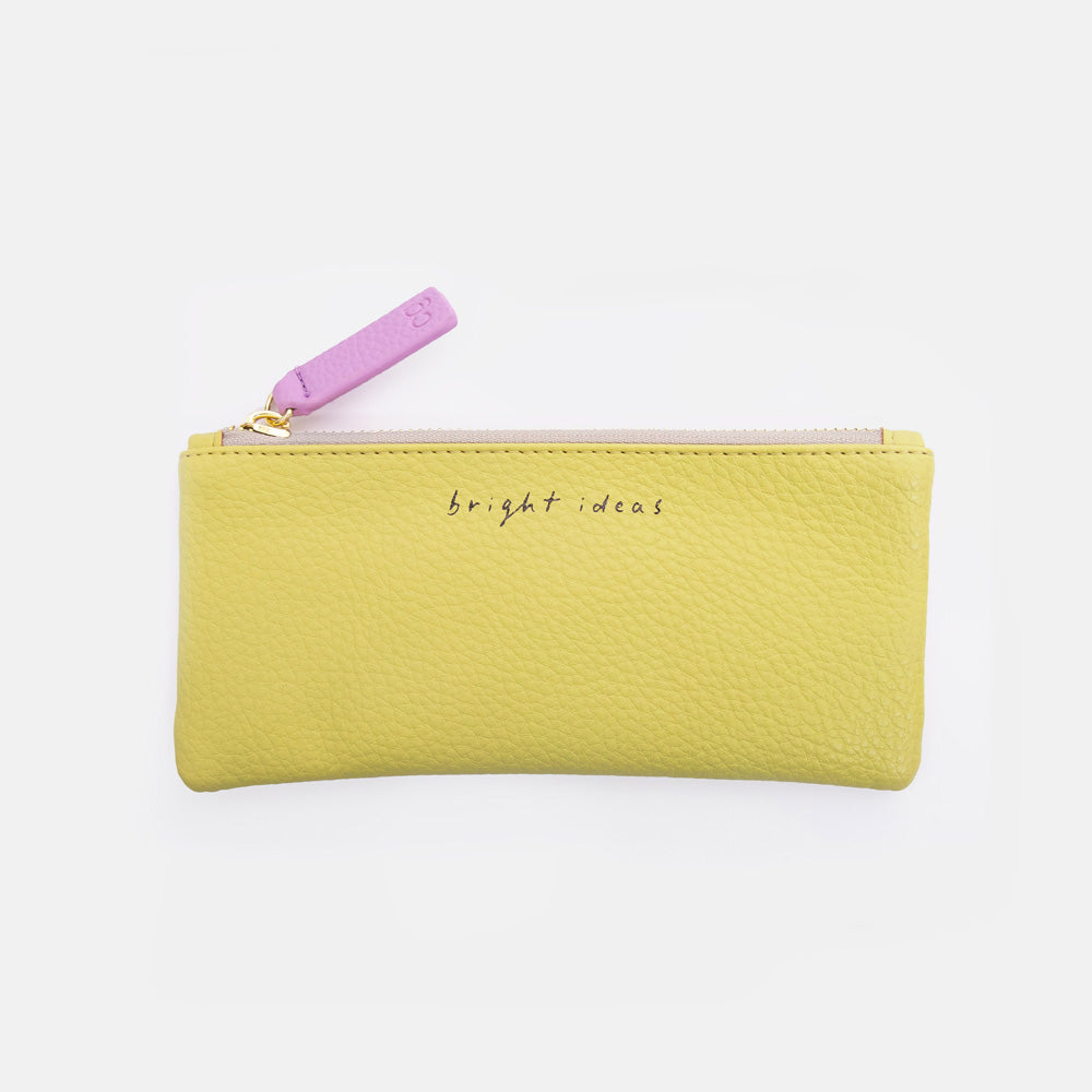 light green pencil case with 'bright ideas' text and a pink zipper on a white background