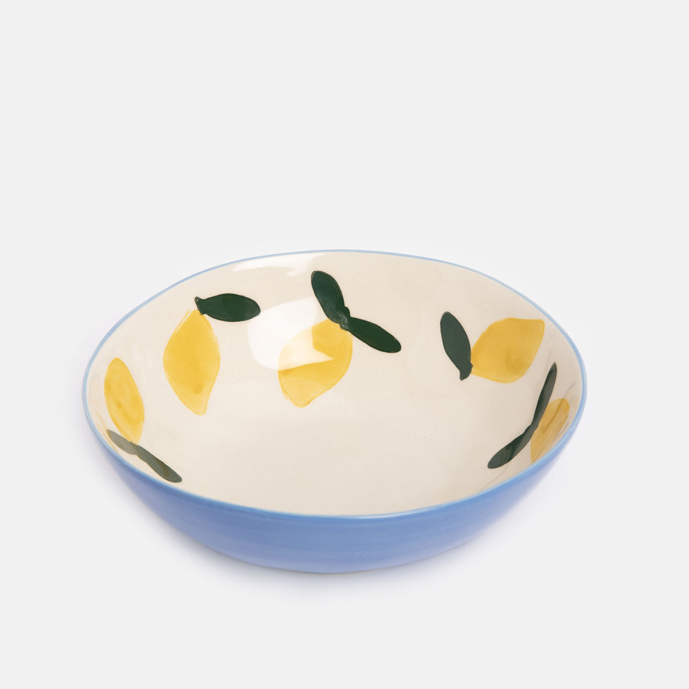 hand painted ceramic stoneware bowl with blue outer and yellow lemons design inside