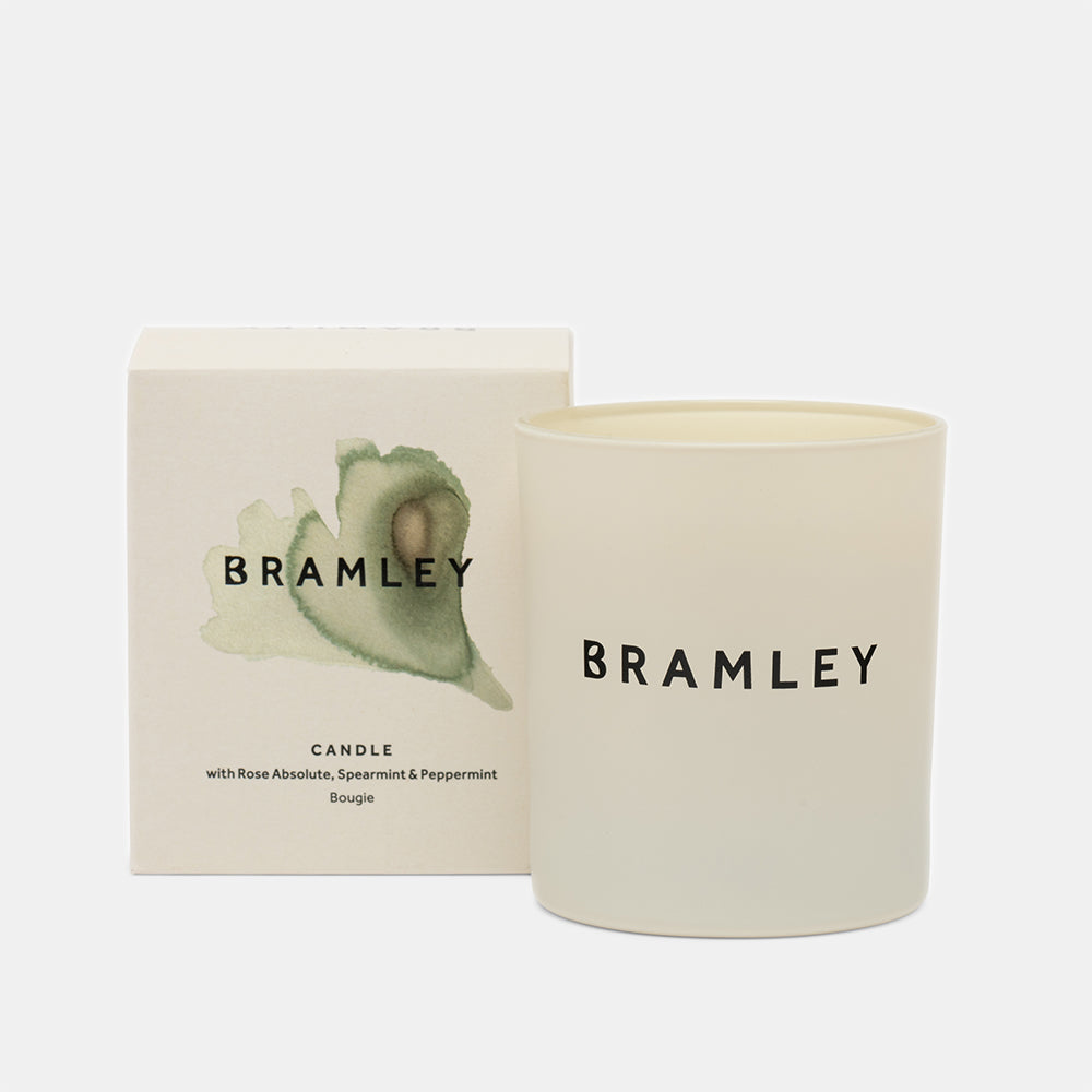 55 hour burn time home candle with rose absolute, spearmint and peppermint essential oils, made by Bramley