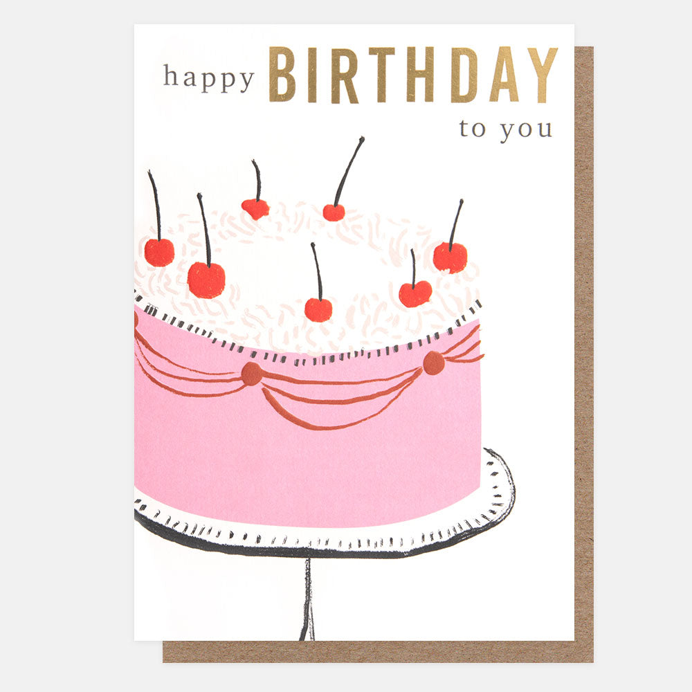 pink cake with cherries on top happy birthday to you card