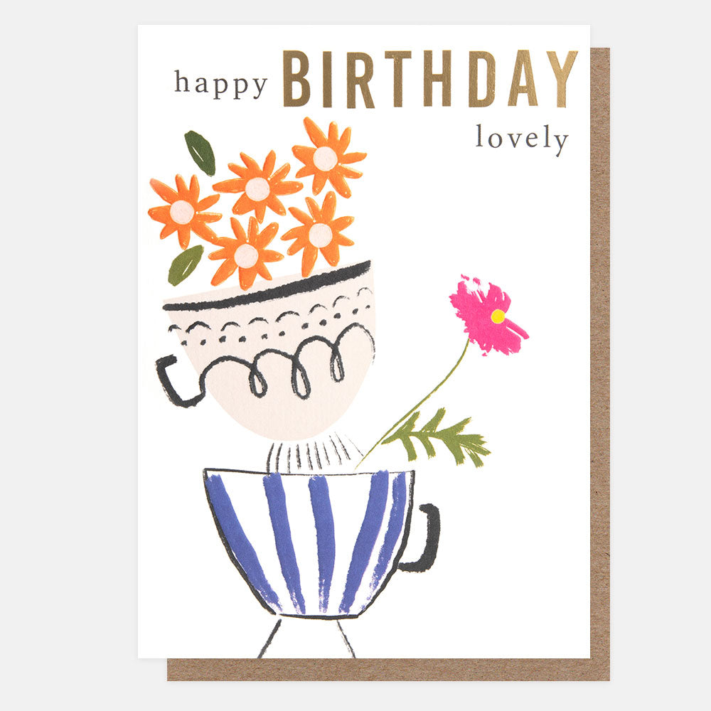 colourful flowers in teacups happy birthday lovely card