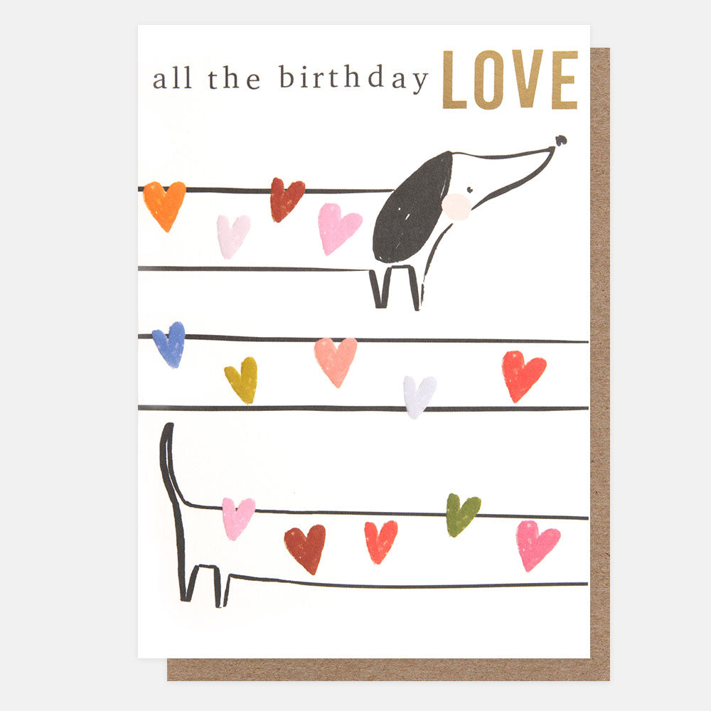 sausage dog with colourful hearts all the birthday love card