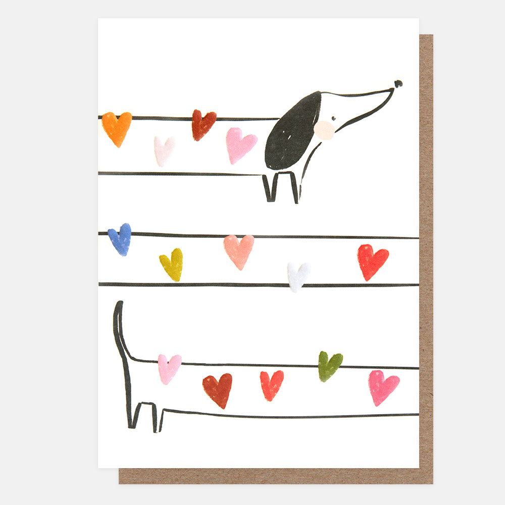 sausage dog with multi coloured hearts everyday card, ideal for birthday, anniversary, valentine's day, mother's day