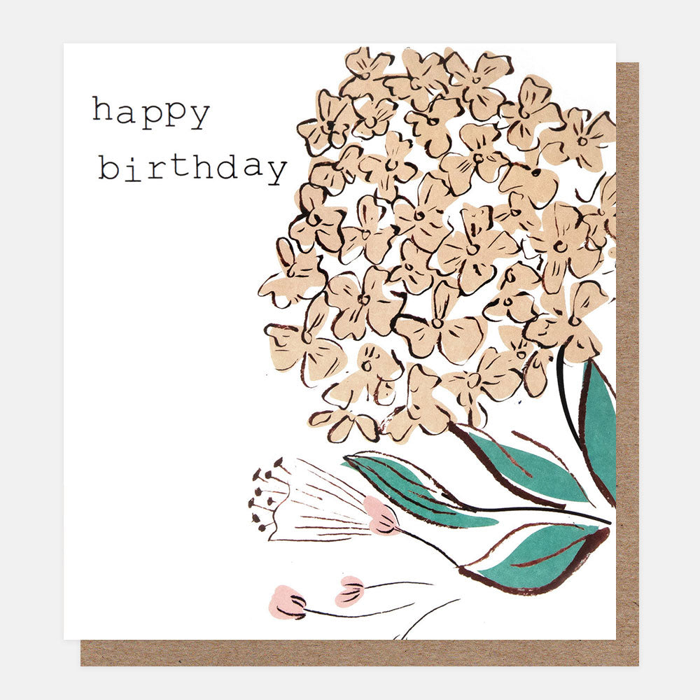 birthday card featuring a pale peach coloured hydrangea plant and with the text happy birthday on a white background