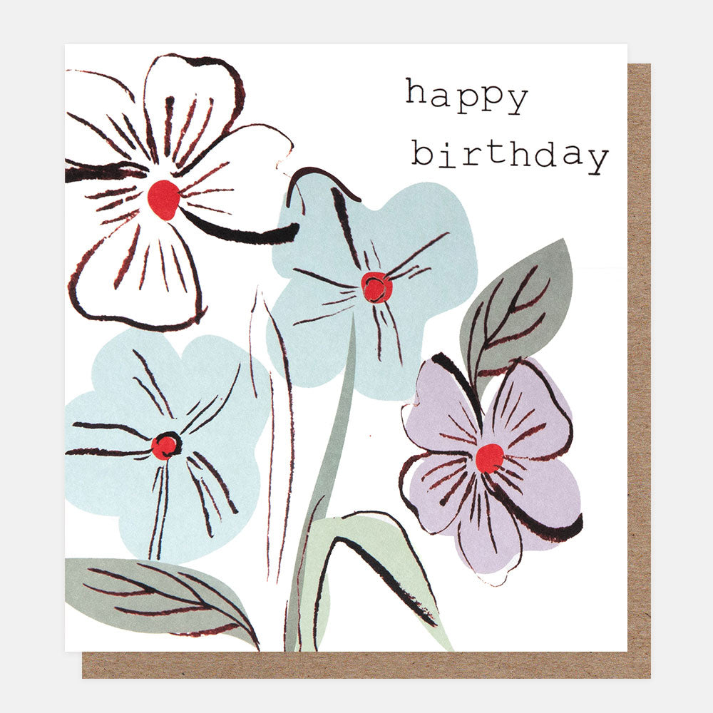birthday card featuring hand drawn flowers in pale blue, lilac and white, and with the text happy birthday on a white background