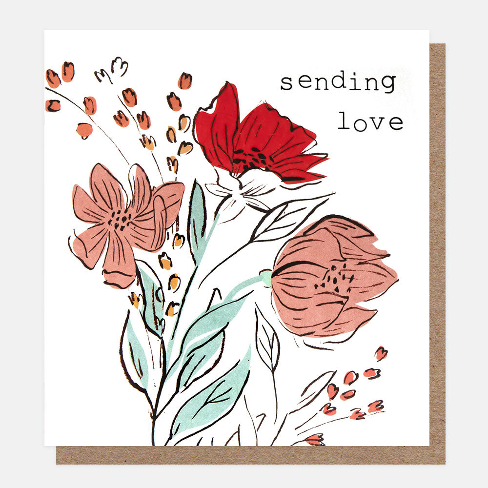 greetings card featuring 3 flowers in pink, red and with the text sending love on a white background