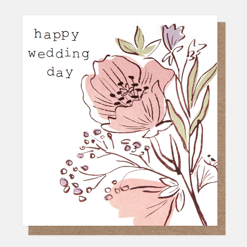 wedding card featuring pink & lilac flowers on a white background and the text happy wedding day