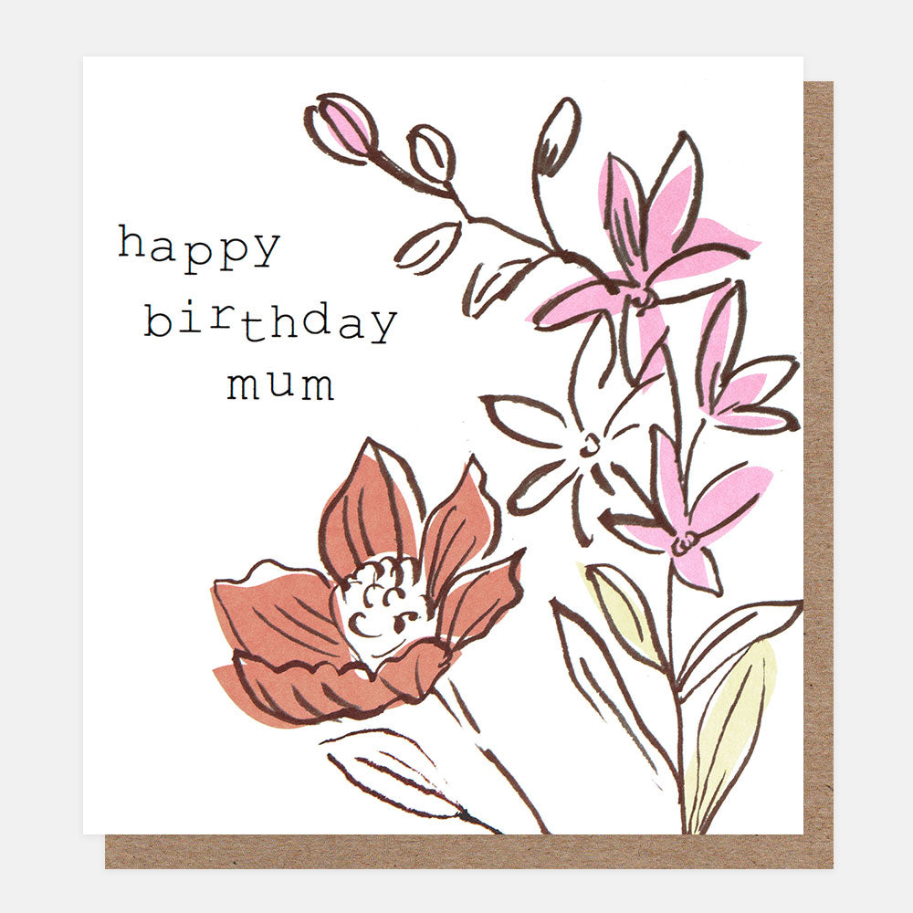 Greeting card with pink & orange floral design and 'happy birthday mum' text on a white background