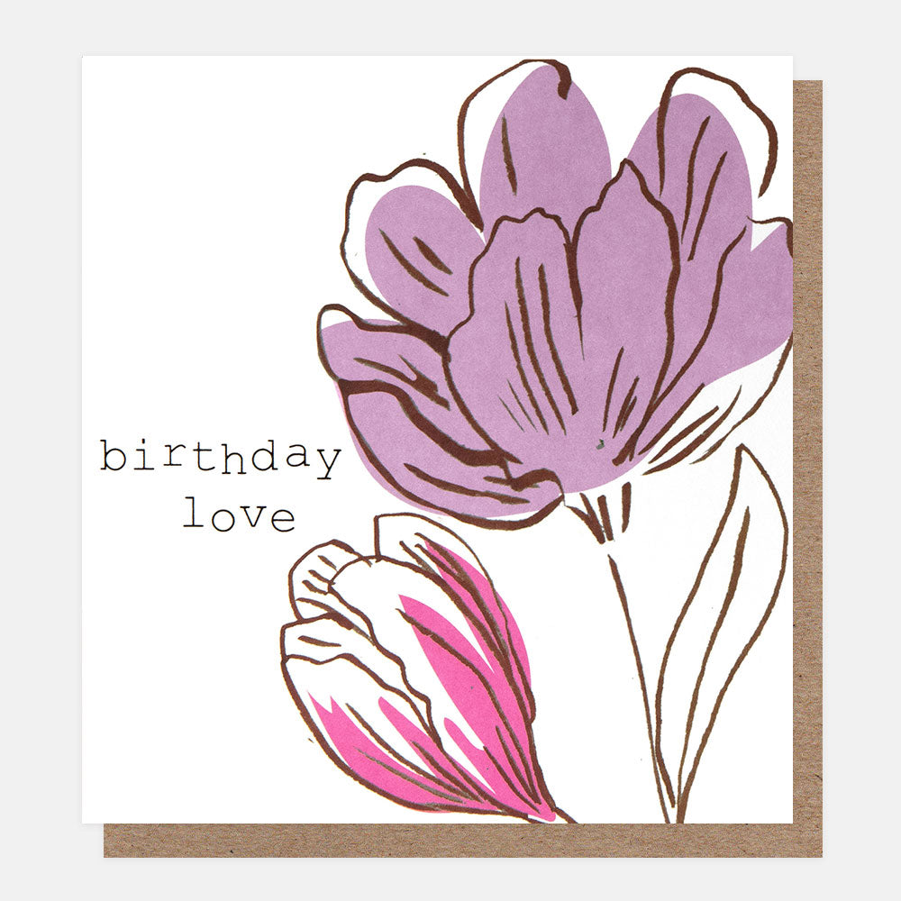 Greeting card with purple and pink floral design and 'birthday love' text on a white background.