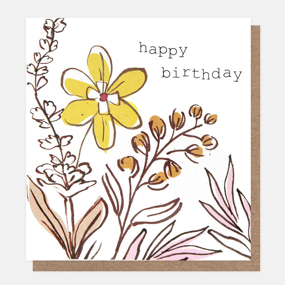 Birthday card with a yellow flower and brown leaves on a white background with the text 'happy birthday'