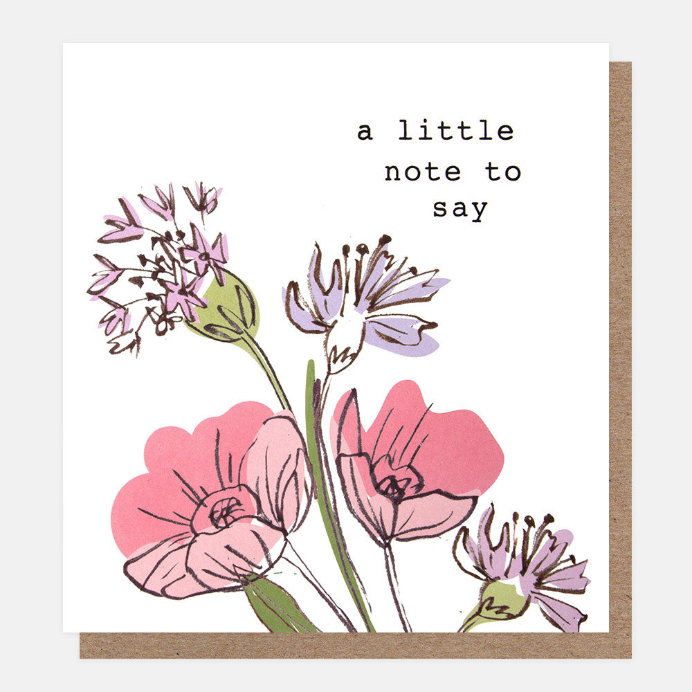Greeting card with floral illustration and text 'a little note to say' on a white background