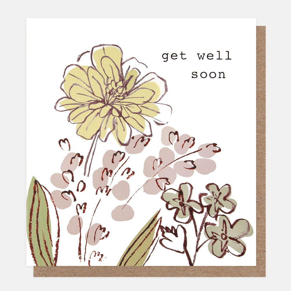 get well soon card featuring a design of pink & yellow flowers on a white background