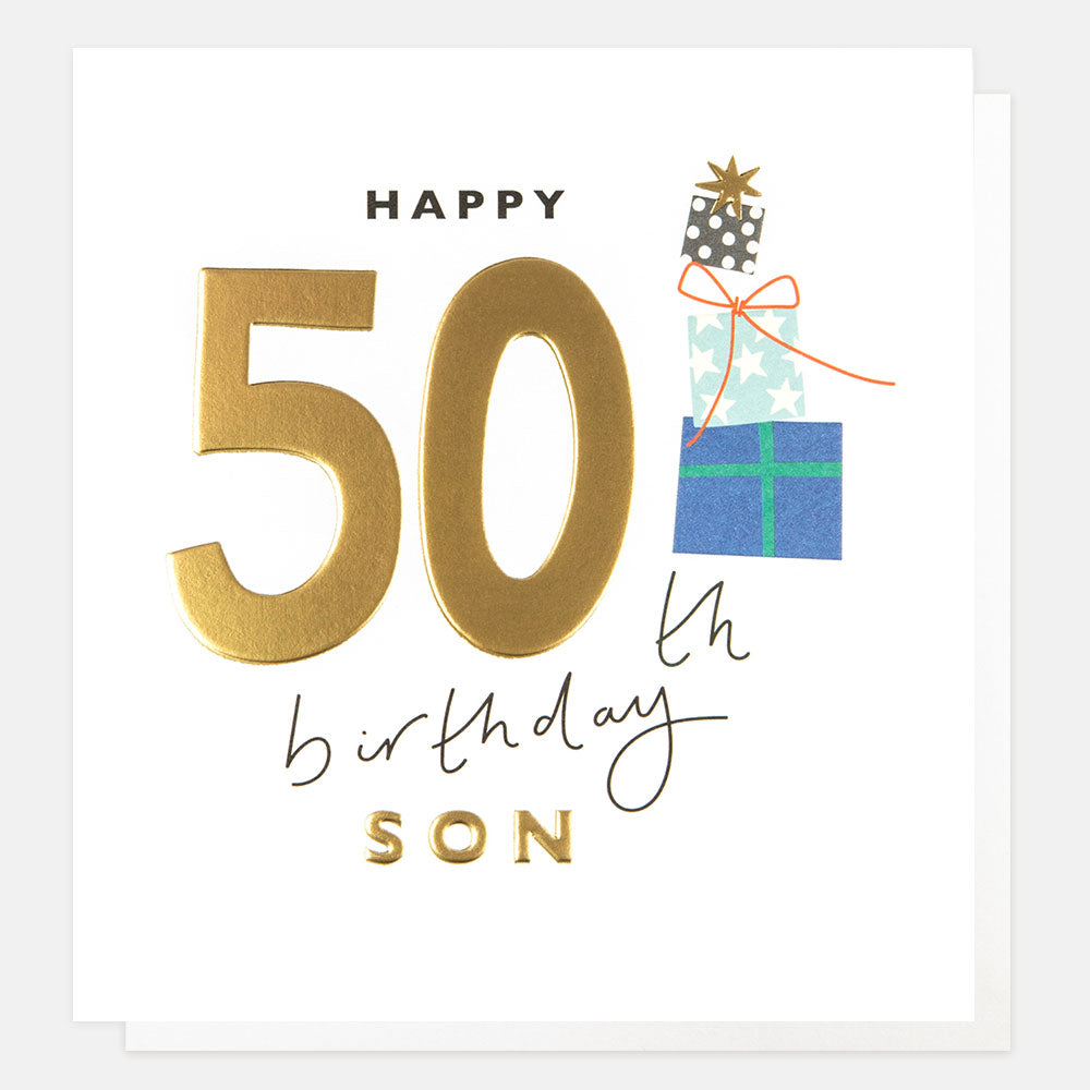 gold foil stack of presents happy 50th birthday son card