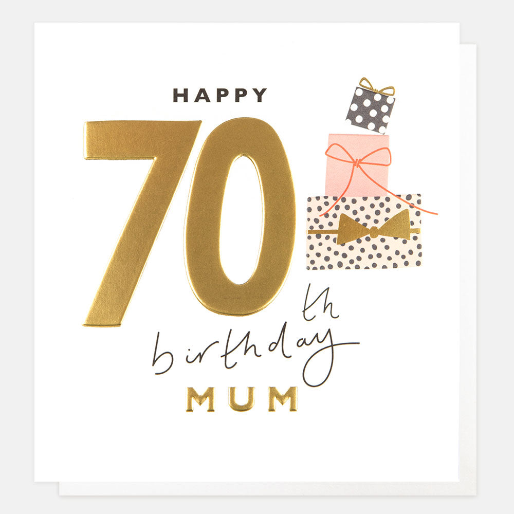 gold foil stack of presents happy 70th birthday mum card