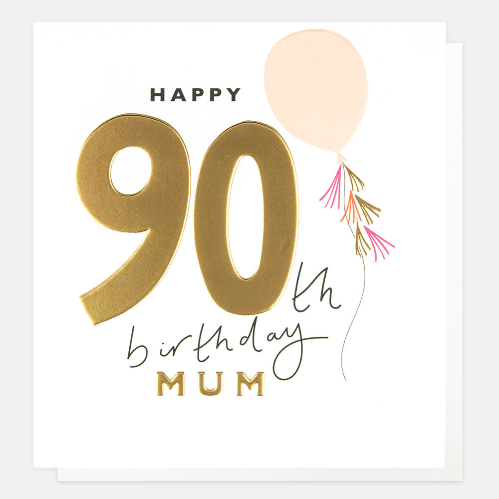 gold foil pink balloon happy 90th birthday mum card
