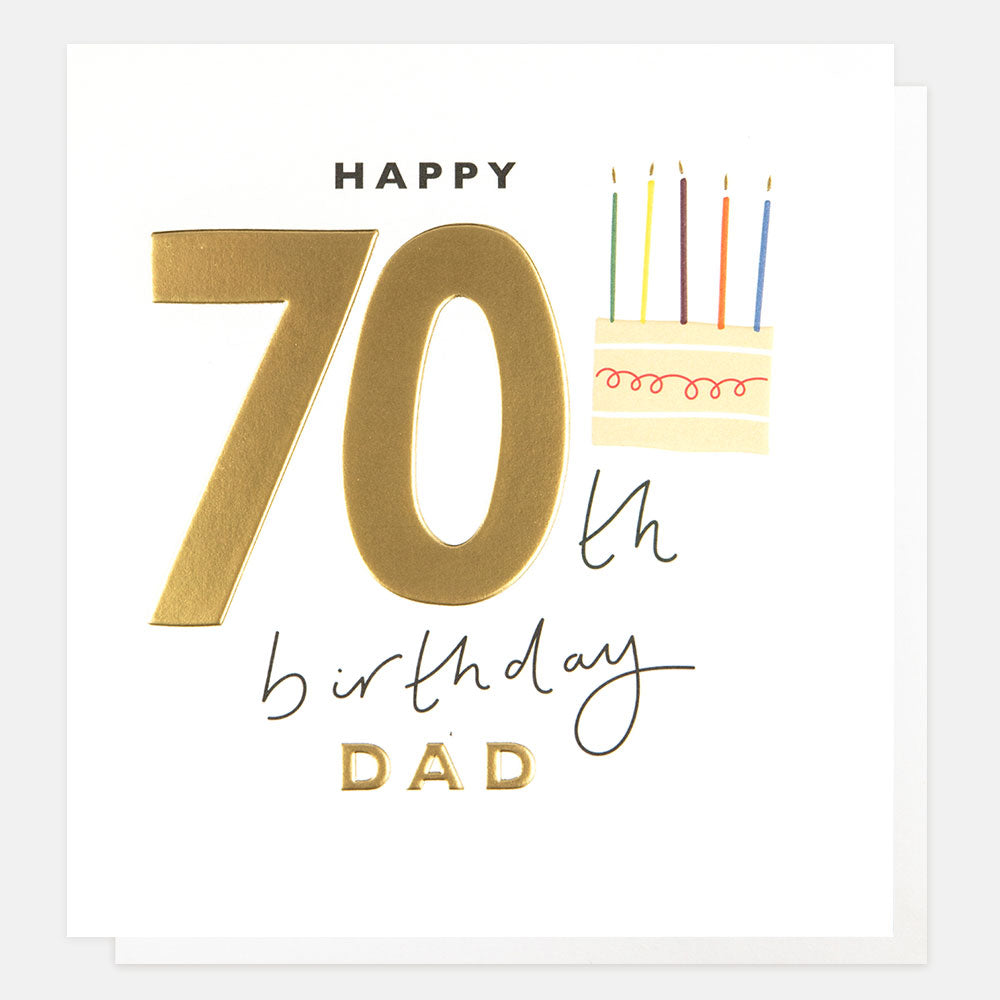 gold foil cake and candles happy 70th birthday dad card