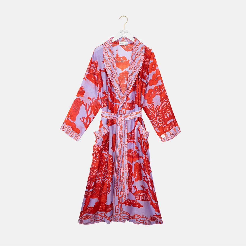 bright red & lilac Japanese willow print dressing gown on a light grey background