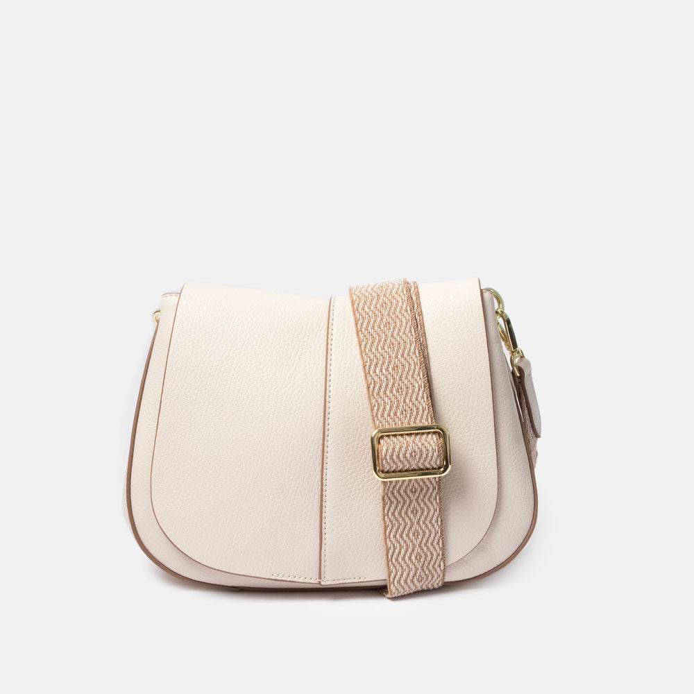 off white leather saddle shape handbag with beige webbing strap