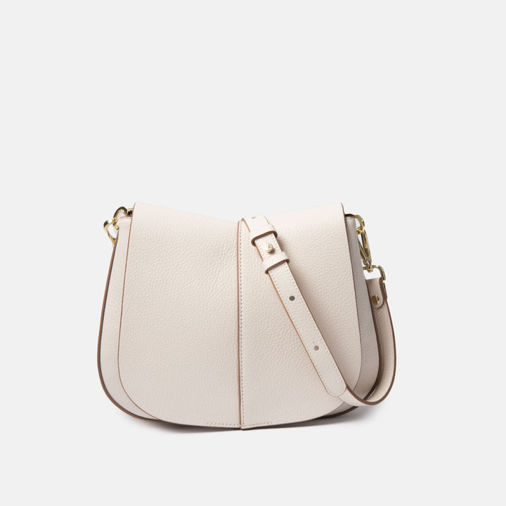 off white leather saddle shape handbag with white leather strap
