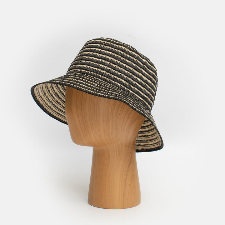 black and natural straw bucket hat