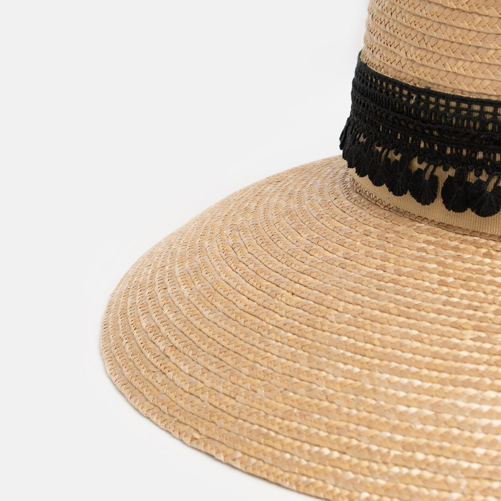 Natural colour straw lace trimmed hat