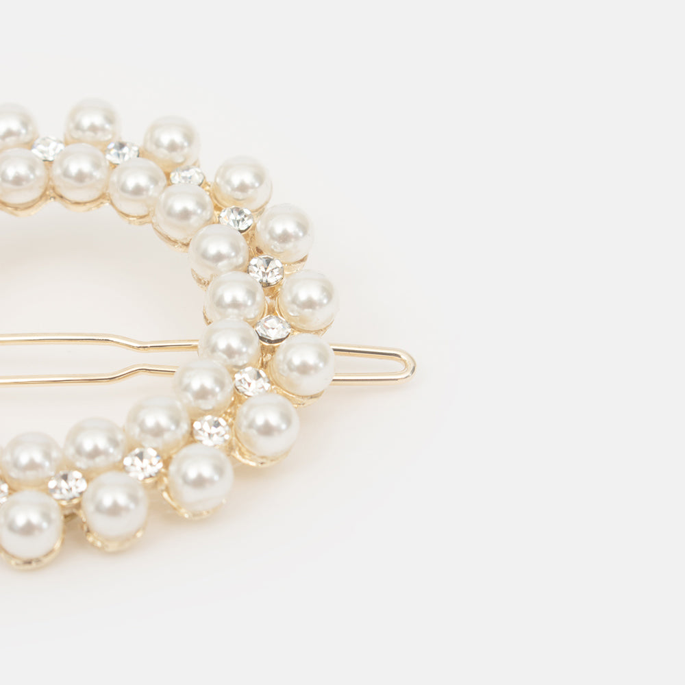 round pearl diamante brushed gold hair grip