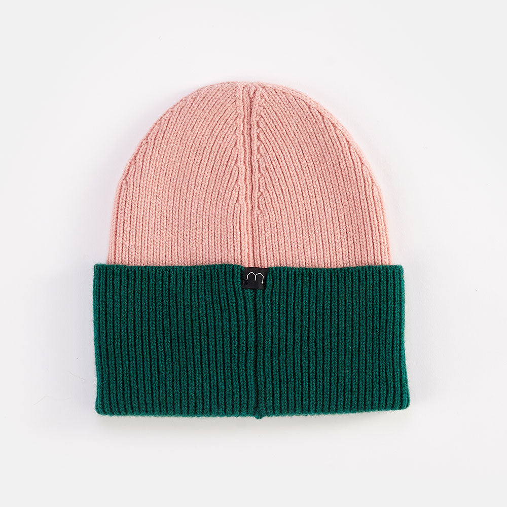 pink and green colour block wool and cashmere mix beanie hat