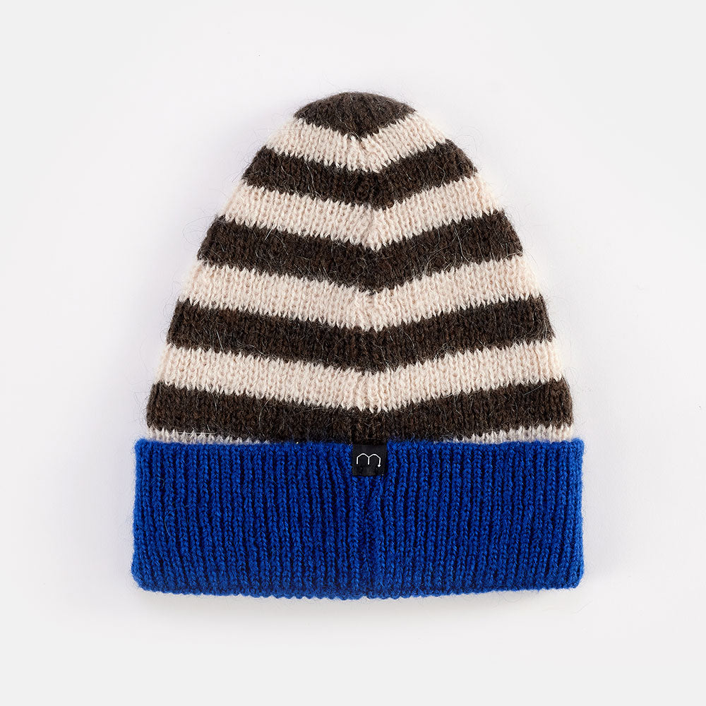 brown and chalk striped mohair mix beanie hat with royal blue rim, made in Italy