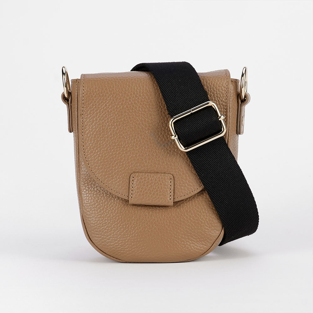 Taupe Leather Flap Small Saddle Bag