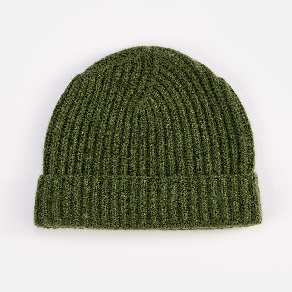 khaki green pure cashmere rib beanie hat