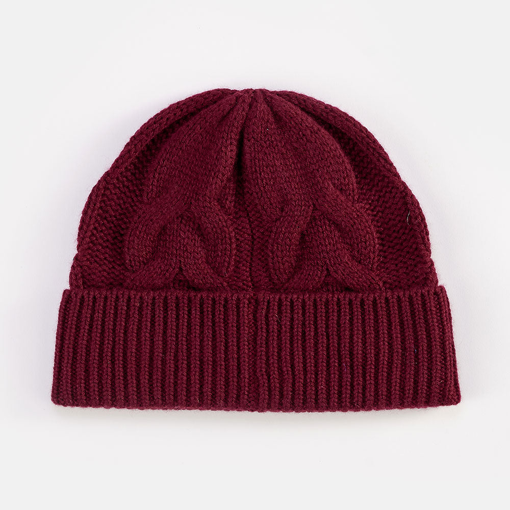 burgundy pure cashmere cable knit beanie hat