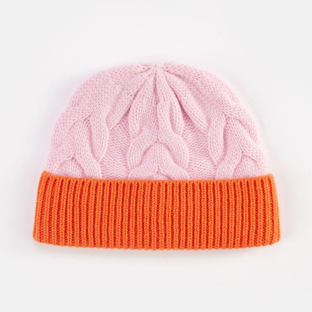 pale pink pure cashmere cable knit beanie hat with orange trim