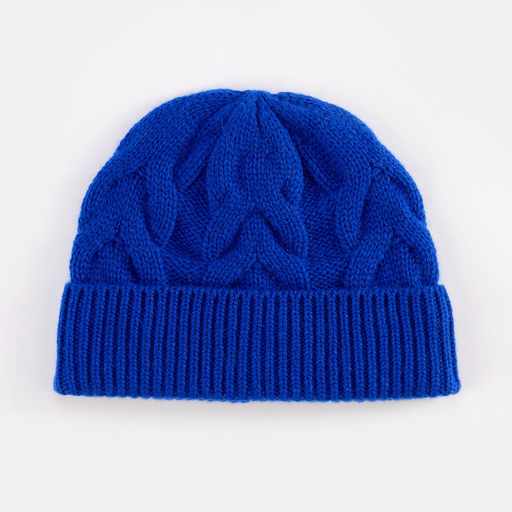 electric blue pure cashmere cable knit beanie hat