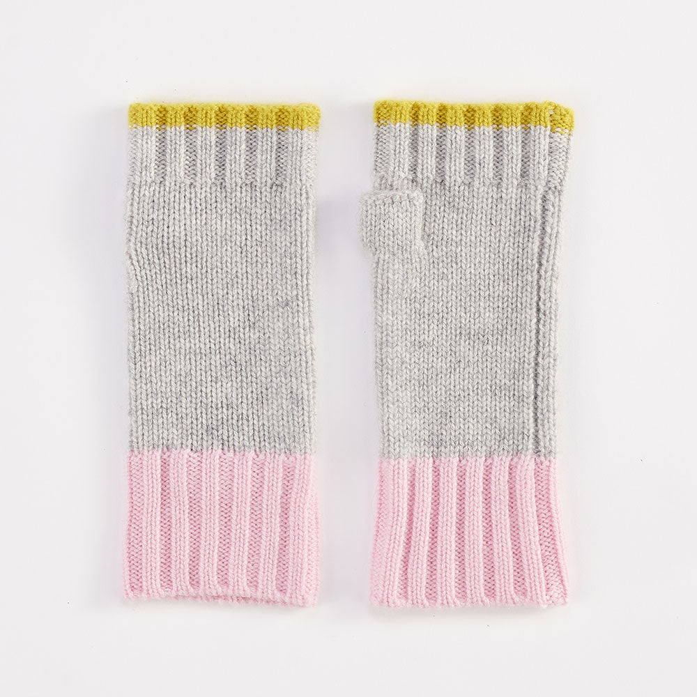 pale grey, pink and yellow pure cashmere wrist warmers