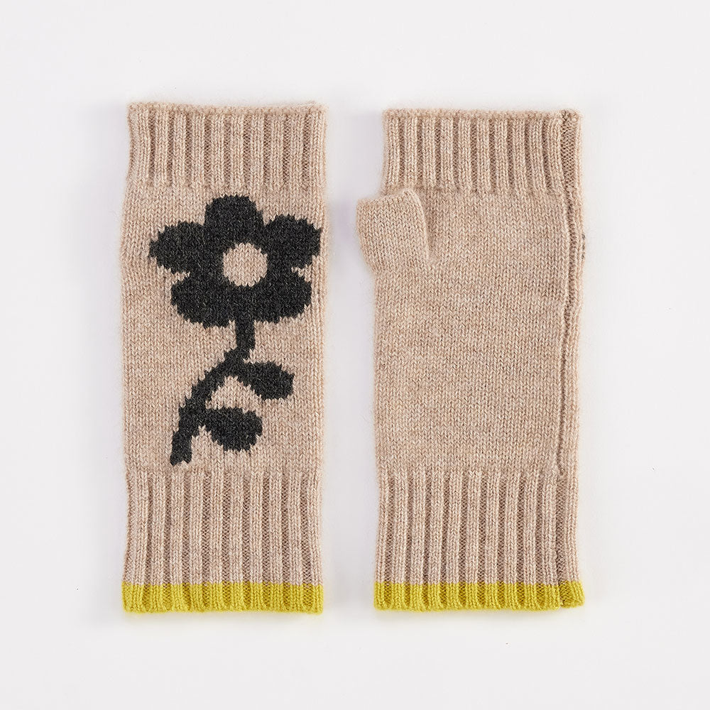 taupe with black flower pure cashmere wrist warmers