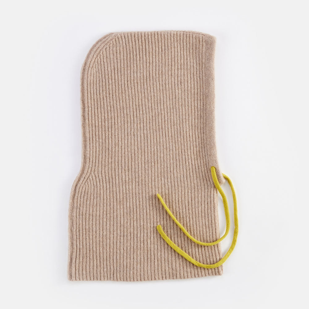 taupe pure cashmere balaclava hood with yellow drawstring