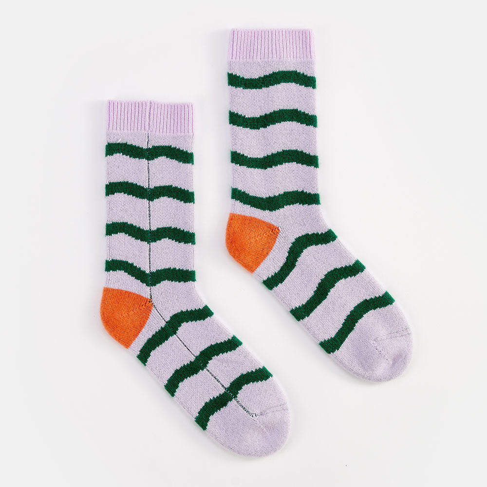 lilac and green wave design pure cashmere bed socks for women