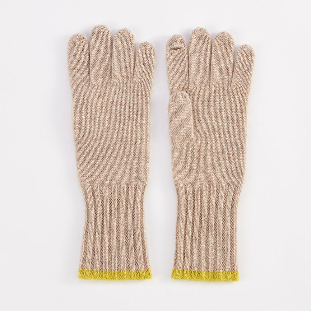 taupe pure cashmere gloves with yellow trim at the wrist