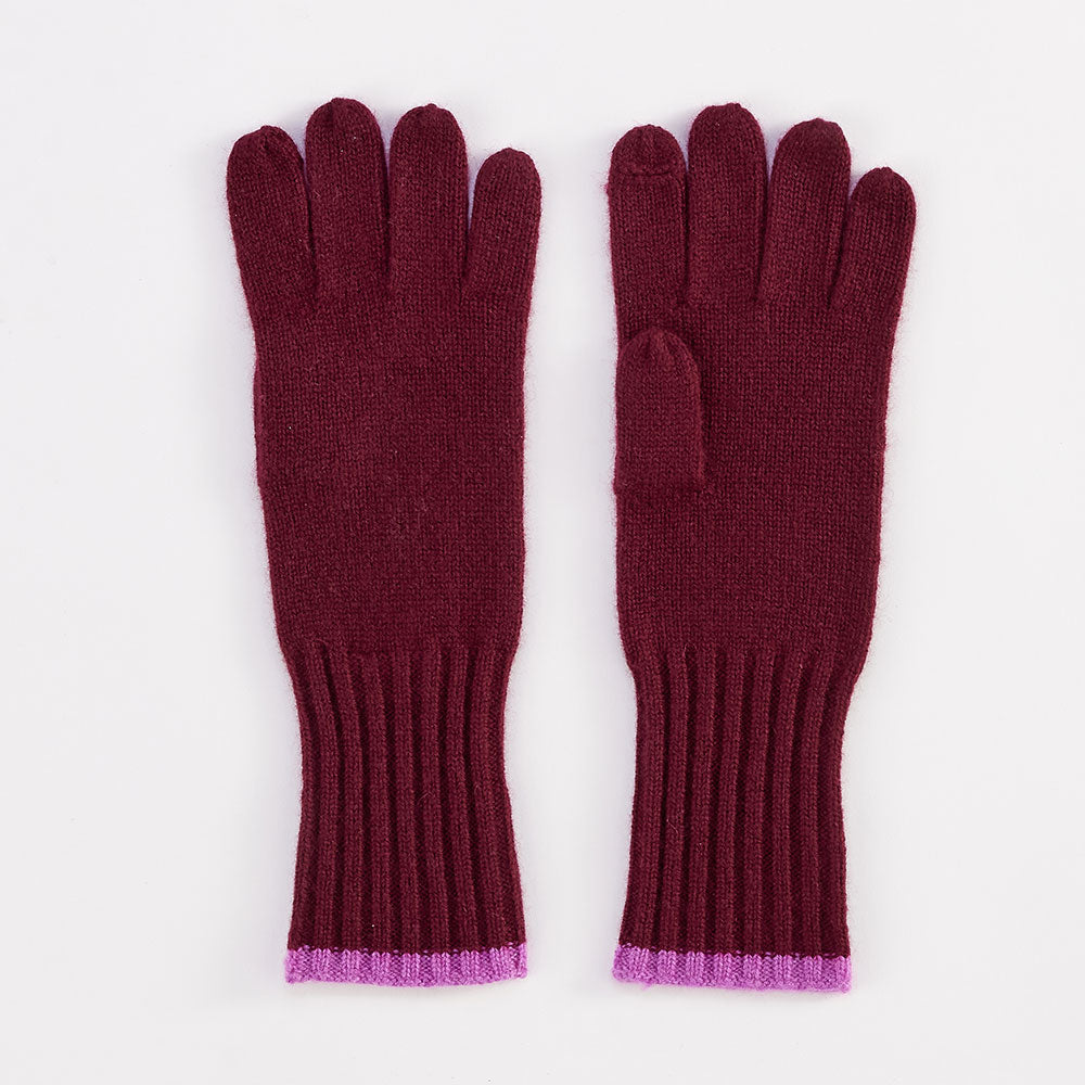 burgundy red pure cashmere gloves with lilac trim at the wrists
