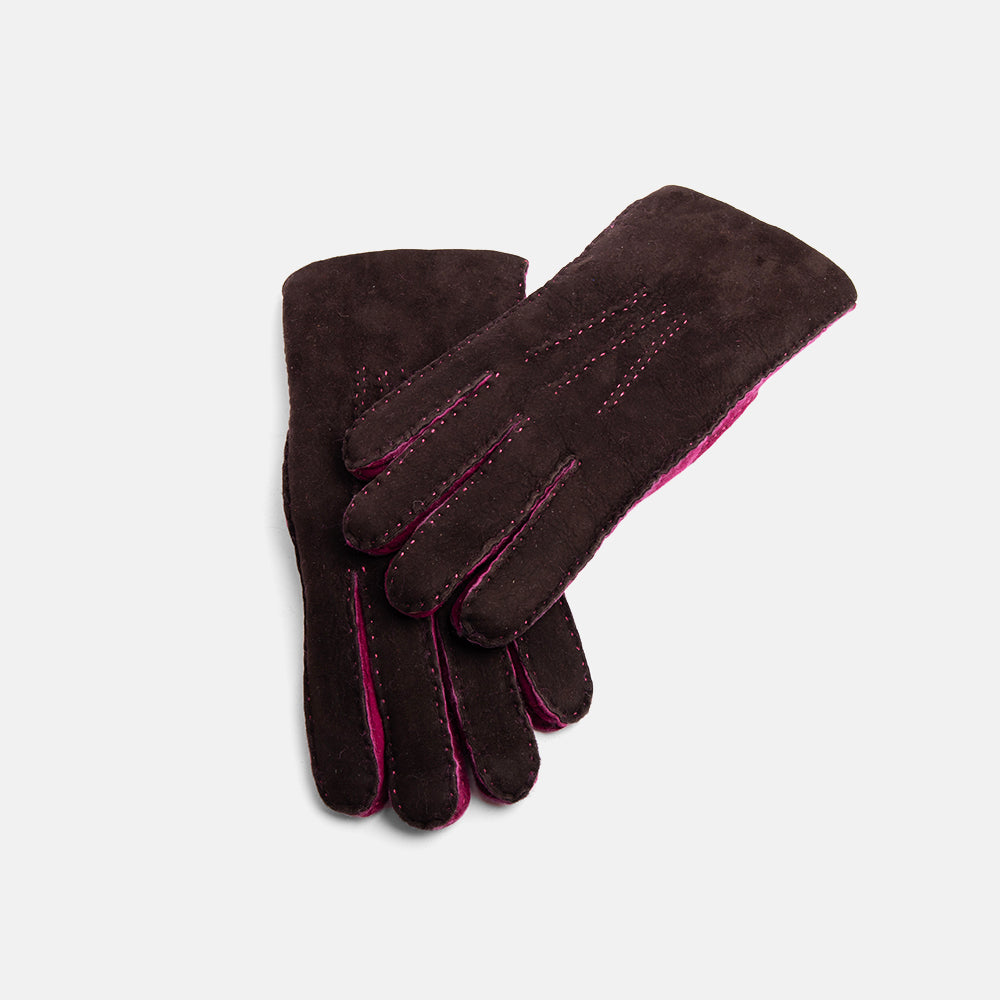 ebony brown and bright pink 100% sheepskin shearling gloves
