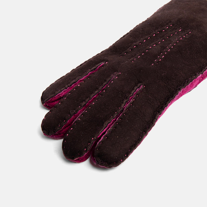 ebony brown and bright pink 100% sheepskin shearling gloves