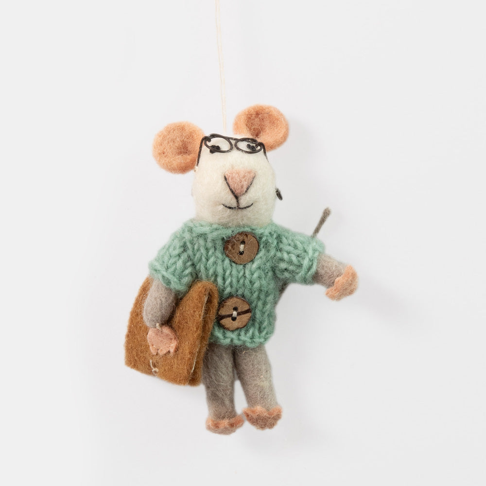 hand made wool mouse with glasses and a book hanging Christmas tree decoration 