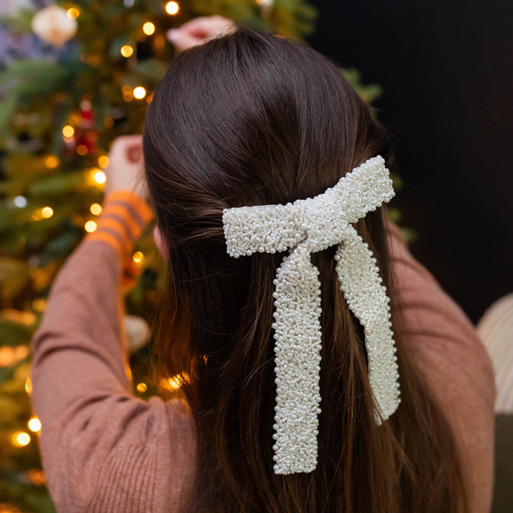 White Beads Bow Hair Clip