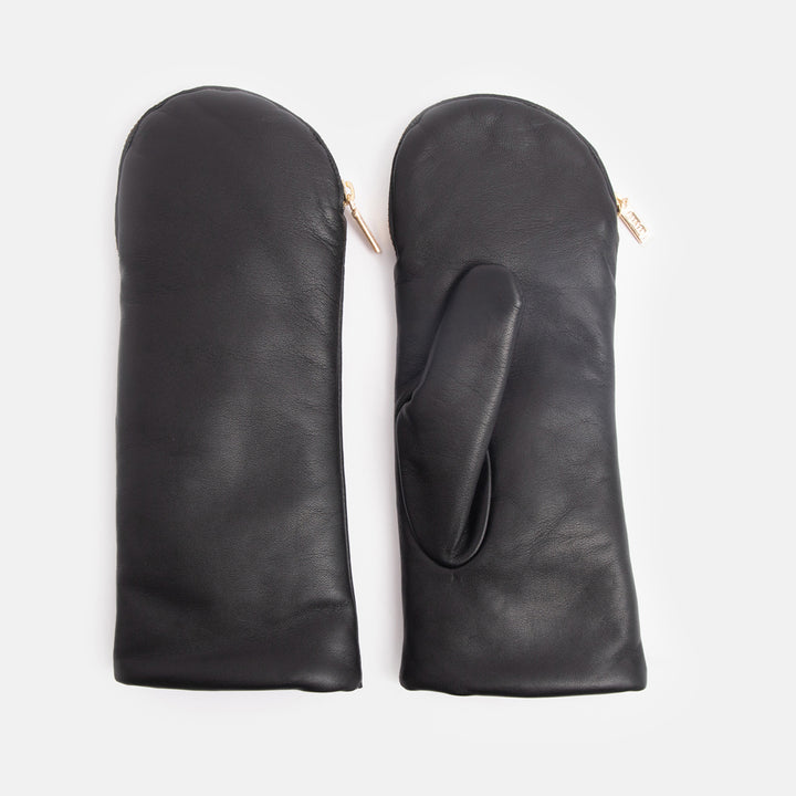 black lamb leather mittens with zip opening and camel colour polar fleece lining