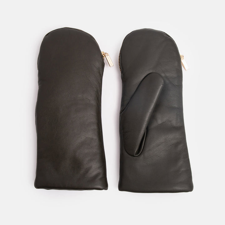 dark khaki lamb leather mittens with zip opening and polar fleece lining