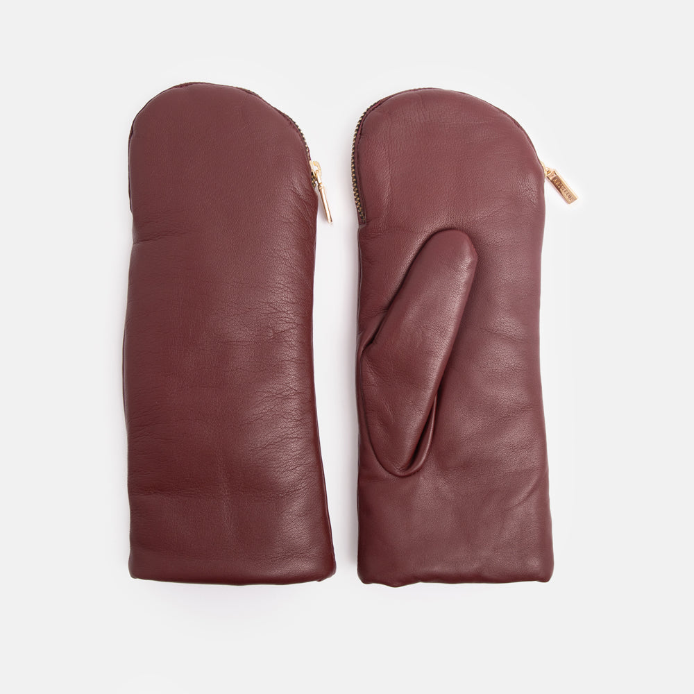 burgundy red lamb leather mittens with zip opening and polar fleece lining