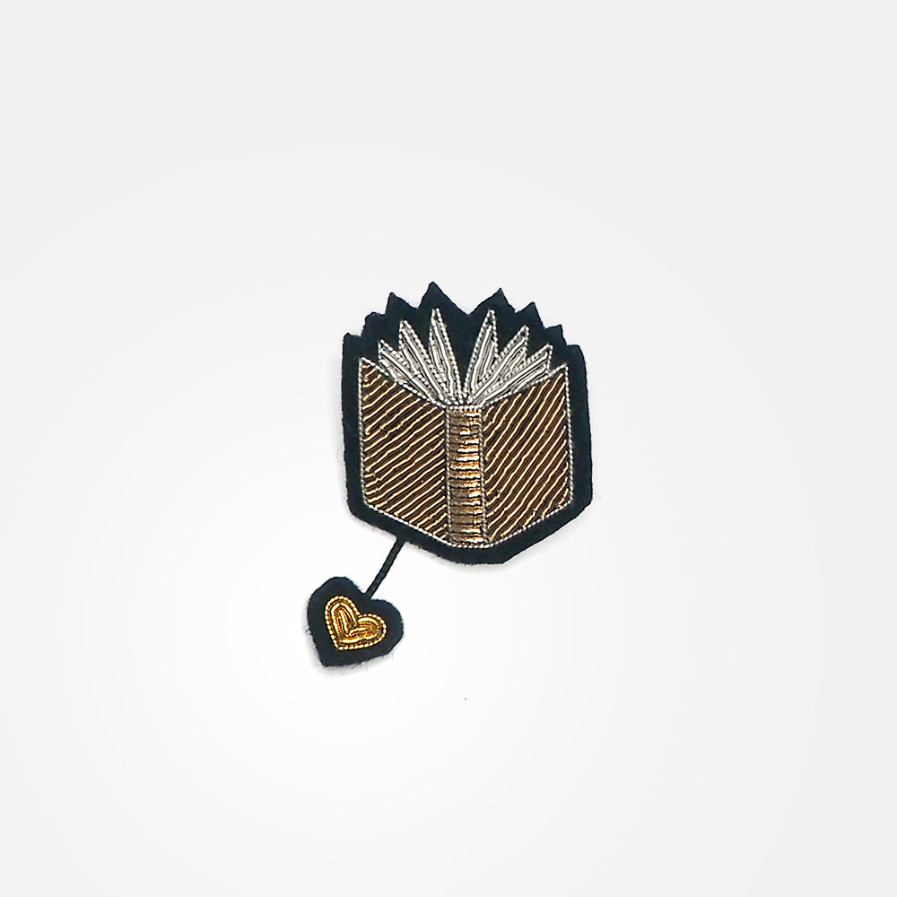 hand embroidered gold & silver book brooch