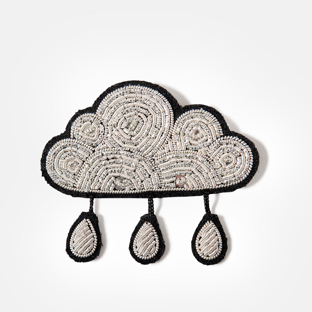 silver hand embroidered cloud with raindrops brooch