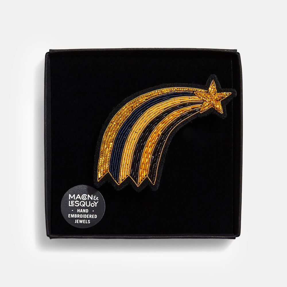 gold shooting star hand embroidered brooch in black presentation box