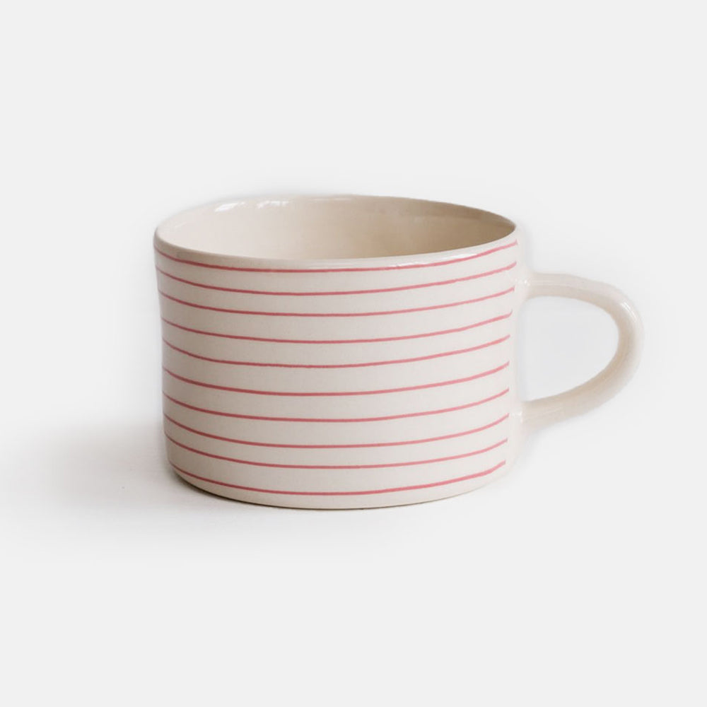 rose pink horizontal stripe ceramic mug, hand made in Portugal by Musango
